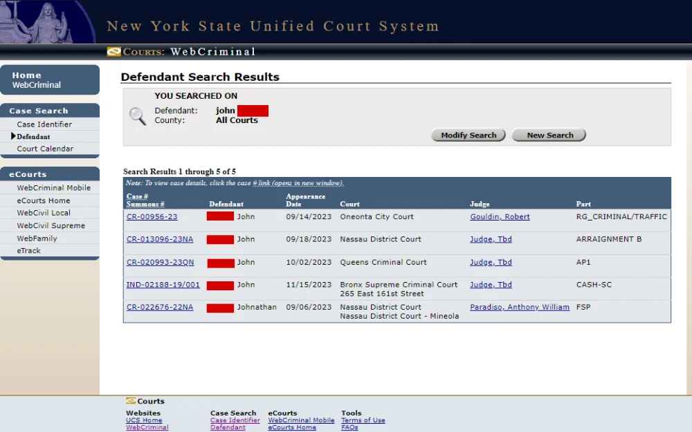A screenshot of the results from the Defendant search on the New York State Unified Court System displays the offender's full name, case number, arrest date, and case information.