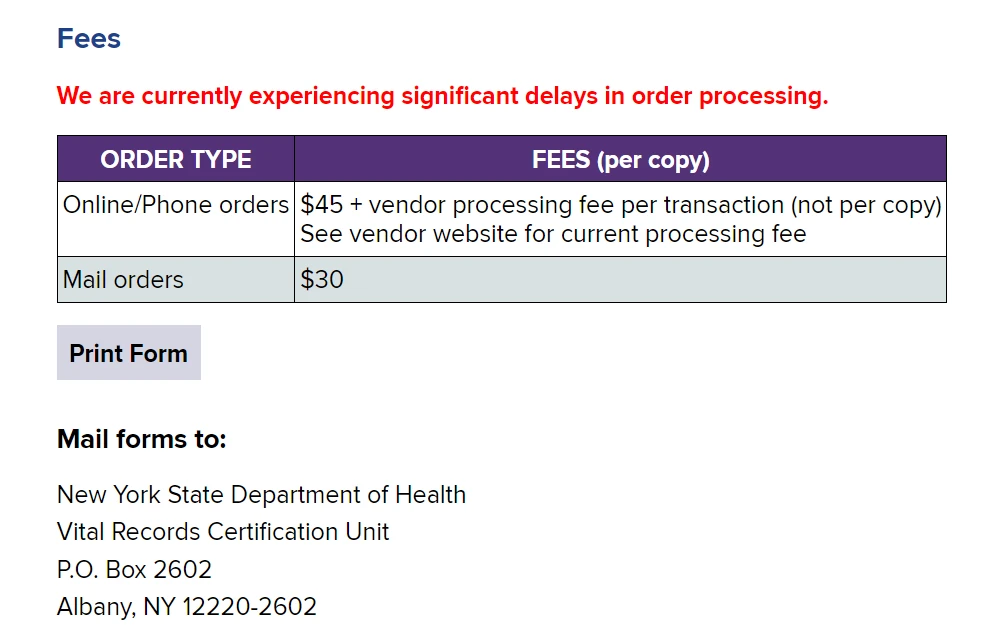 A screenshot of fees for marital and divorce records from the New York State Department of Health; online/phone orders cost $45 plus a vendor processing fee per transaction, while mail-in orders cost $30.