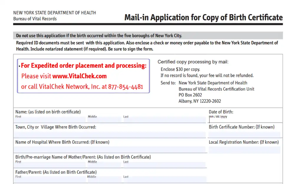 A screenshot of the form for the Mail-in Application for a copy of a Birth Certificate, showing the required fields including the contact information for VitalChek and the corresponding payment for the type of request. 