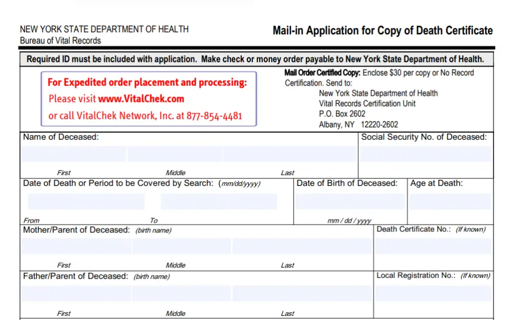 A screenshot of the form for the Mail-in Application for a copy of the Death Certificate, showing the required fields, including the contact information for VitalChek, the address where the document will be mailed, and the payment for the type of request. 