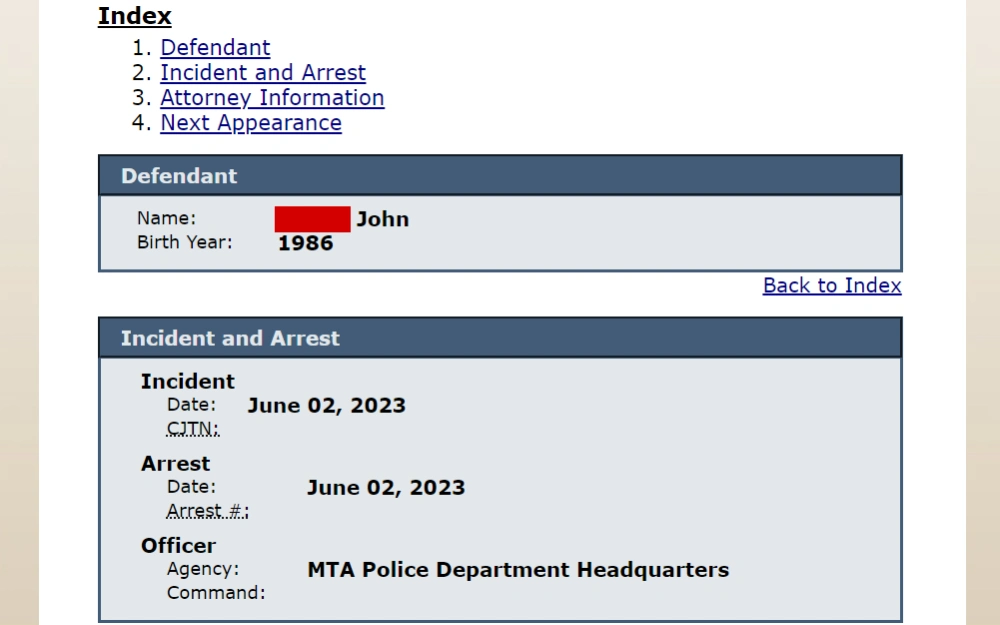 A screenshot of the defendant's details from an inmate search in the New York State Unified Court System, such as the defendant's full name and birth year, as well as information about the arrest.