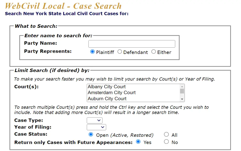 A screenshot showing the WebCivil Local - Case Search to look for New York State Local Civil Court Cases, where searchers must input the county name and can limit the search by selecting which county, case type, etc. 