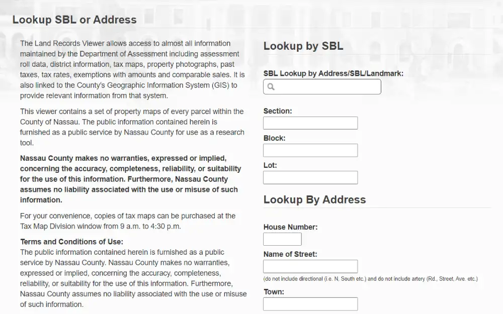 A screenshot of the Land Record Viewer in Nassau County shows two options to search for property information: lookup by SBL or by address.