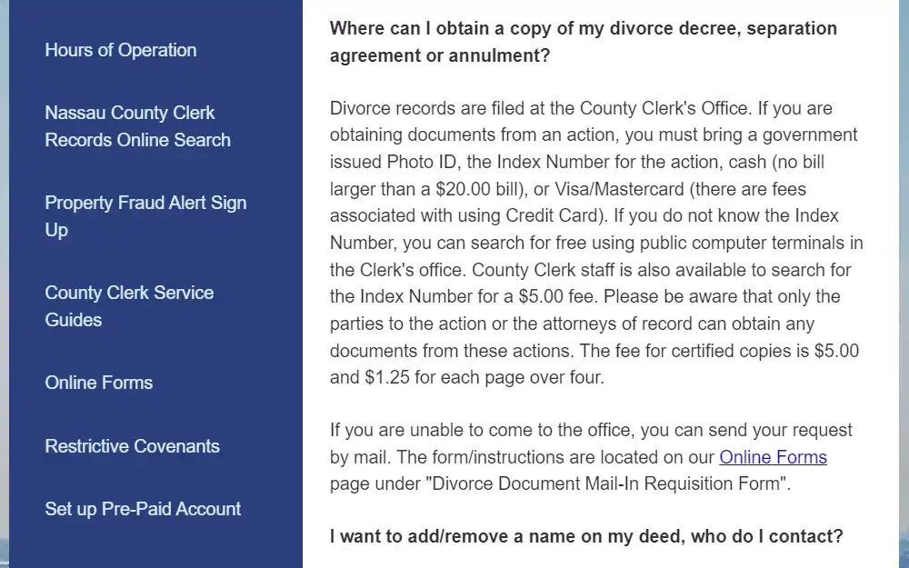 Screenshot of the frequently asked question about the fees associated with divorce in Nassau County.