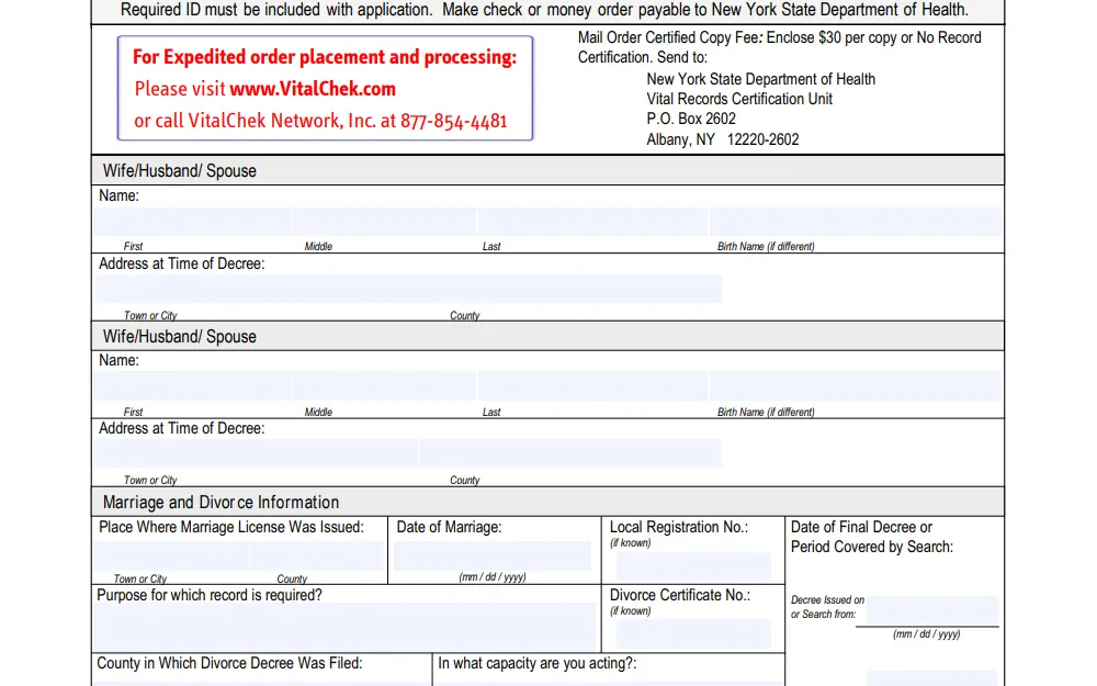 Screenshot of the mail-in order form displaying the section for information of both parties and event details, including divorce certificate number, the purpose of the request, date of decree issuance, and location where it is filed, among others.