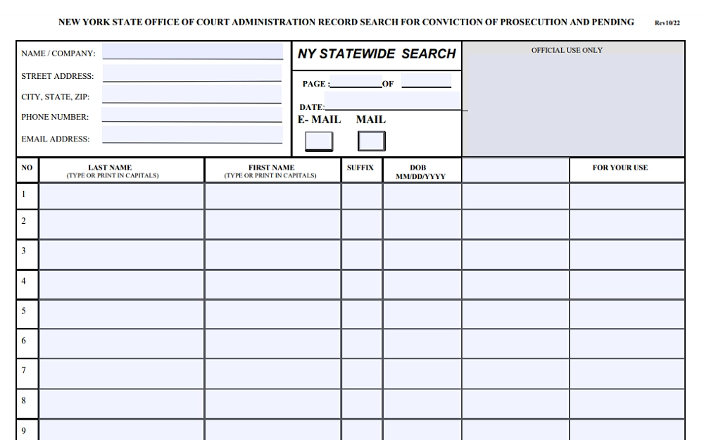 A screenshot of the CHRS application form from the New York State Unified Court System website requiring details to be filled in, such as name, company, street address, city, state, zip, phone number, email address, and lists of last names, first names, suffix and date of birth.