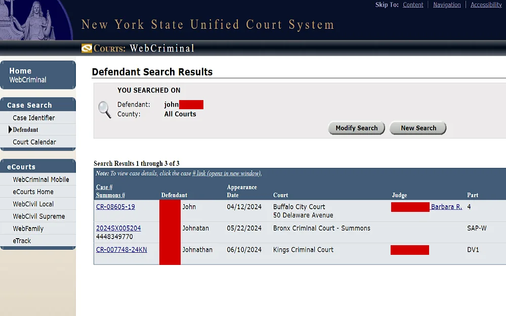 A screenshot showing the web criminal defendant search results with list of information such as case number, summons number, defendants full name, appearance date, court, judge name and parts from the New York State Unified Court System website.
