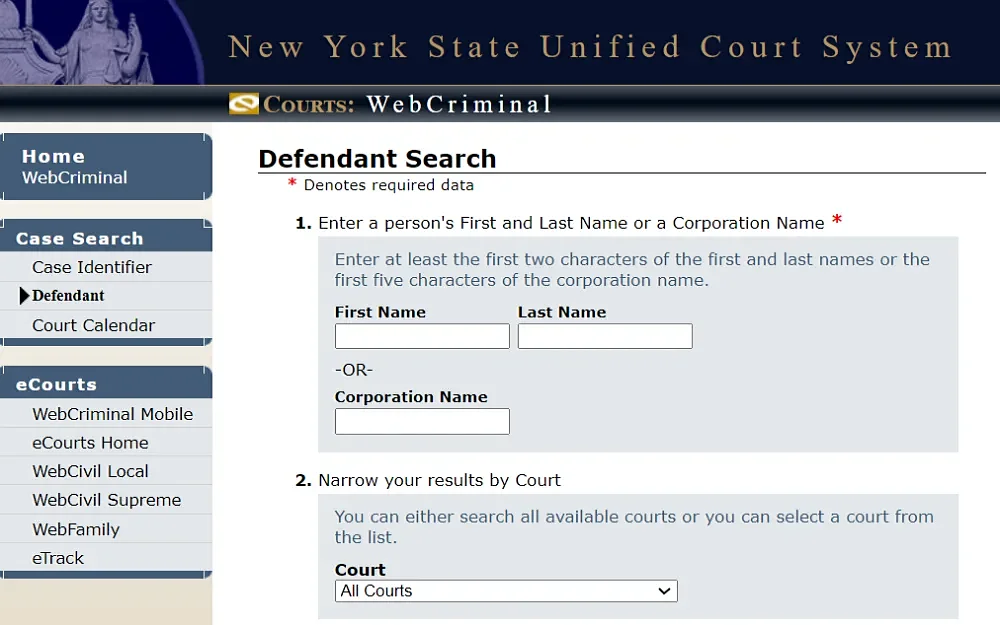 A screenshot from the New York State Unified Court System website displaying a web criminal defendant search with fields such as first name, last name, corporation name, and dropdown box selection for court.