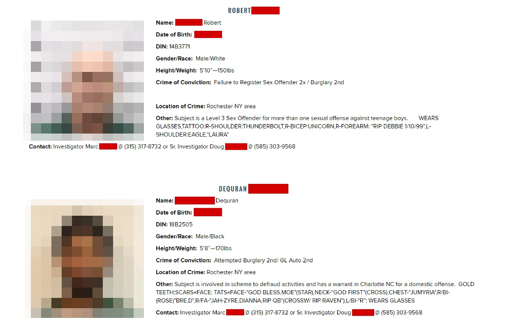 A screenshot of the OSI's most wanted persons from the New York State Department of Corrections and Community Supervision’s (DOCCS) Office of Special Investigations, displaying their complete names, date of birth, DIN, gender, race, height, weight and more.