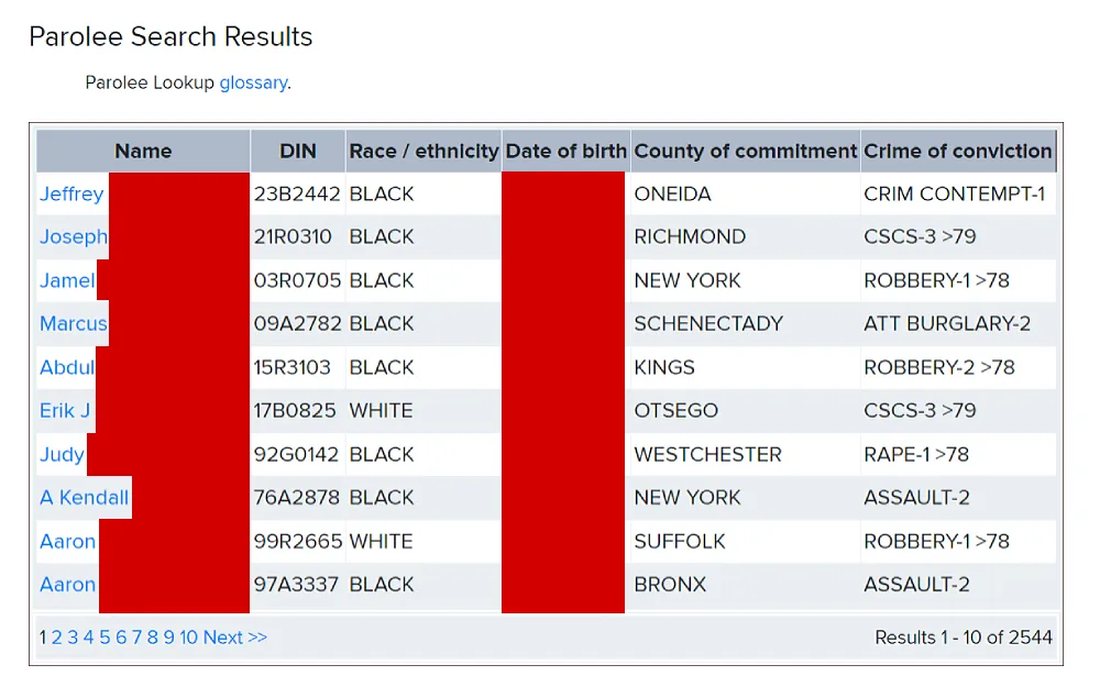 A screenshot of the parolee search results with information on full name, DIN, race or ethnicity, date of birth, county of commitment, and crime of conviction from the New York State Department of Corrections and Community Supervision website.
