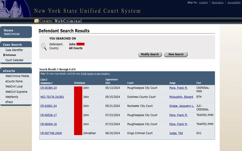 A screenshot of the results from the Defendant search on the New York State Unified Court System displays the offender's full name, case number, arrest date, and case information.