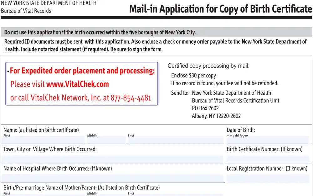 A screenshot of the form for the Mail-in Application for a copy of a Birth Certificate, showing the required fields including the contact information for VitalChek and the corresponding payment for the type of request.