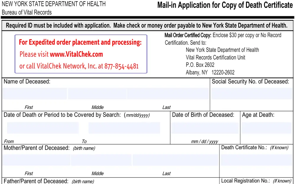 A screenshot of the form for the Mail-in Application for a copy of the Death Certificate, showing the required fields, including the contact information for VitalChek, the address where the document will be mailed, and the payment for the type of request.
